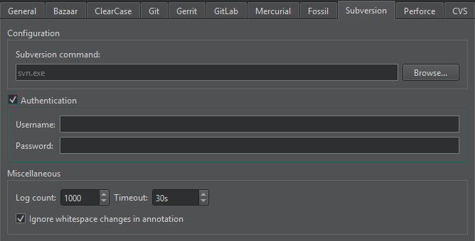 Subversion tab in Version Control preferences