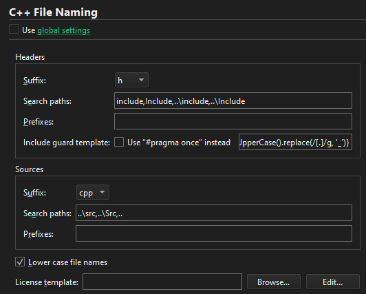 C++ File Naming settings for a project