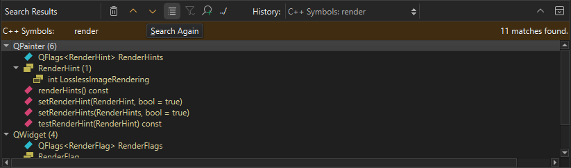 Found symbols in the Search Results view