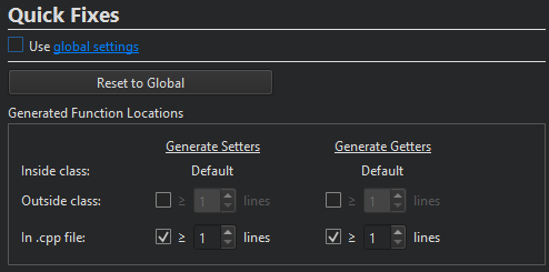 Quick Fixes preferences for a project