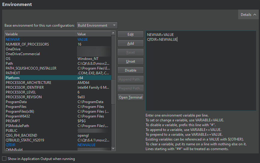 Environment section in Run Settings
