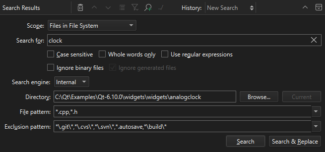 Search Results view with search options