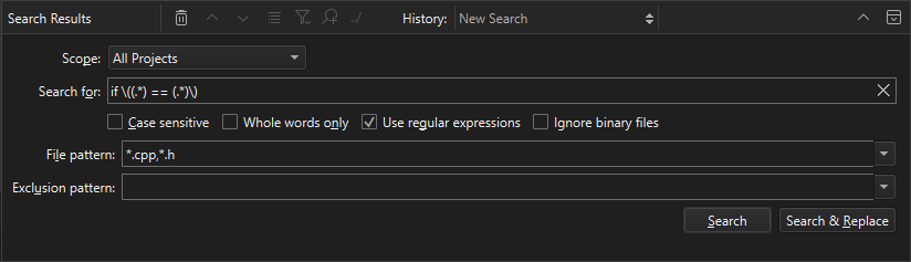 Regular expression in Search Results view