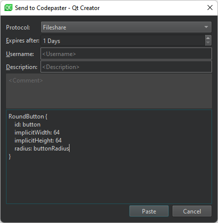 Send to Codepaster dialog