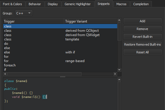 Snippets tab in Text Editor preferences