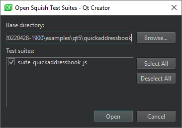 Open Squish Test Suites dialog