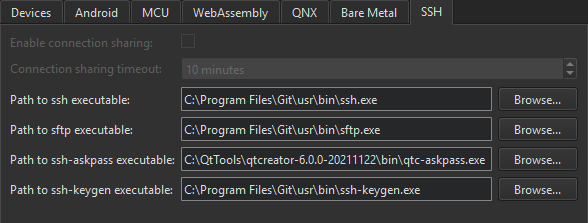 SSH tab in Devices preferences
