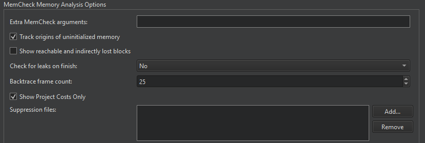 Memcheck Memory Analysis Options in the Valgrind tab in Analyzer preferences