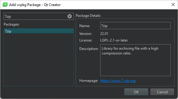 Add vcpkg Package dialog