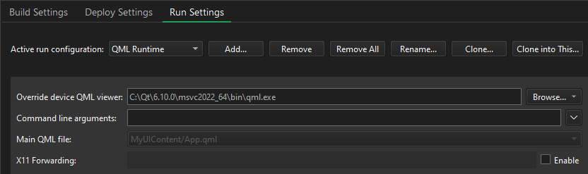 Run Settings for a Qt Quick UI Prototype project