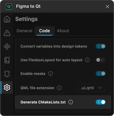 Code settings in the Figma to Qt plugin