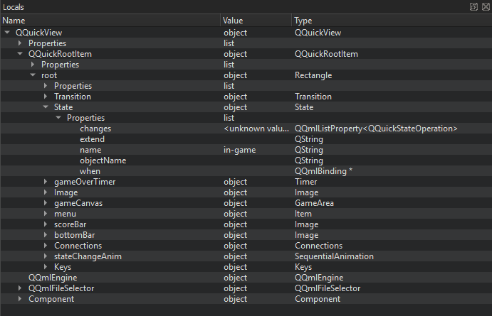 QML item tree in the Locals view