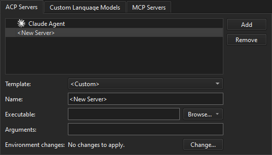 ACP Servers settings for a custom agent