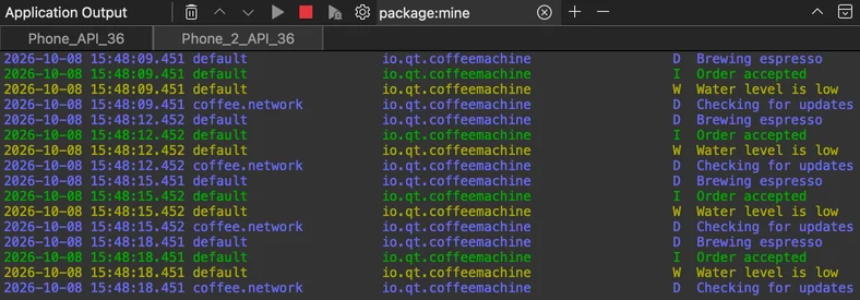 Logcat tab in Application Output