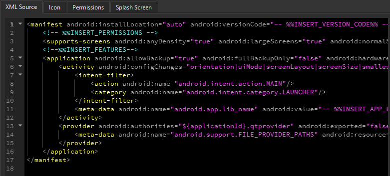 Android Manifest XML Source editor