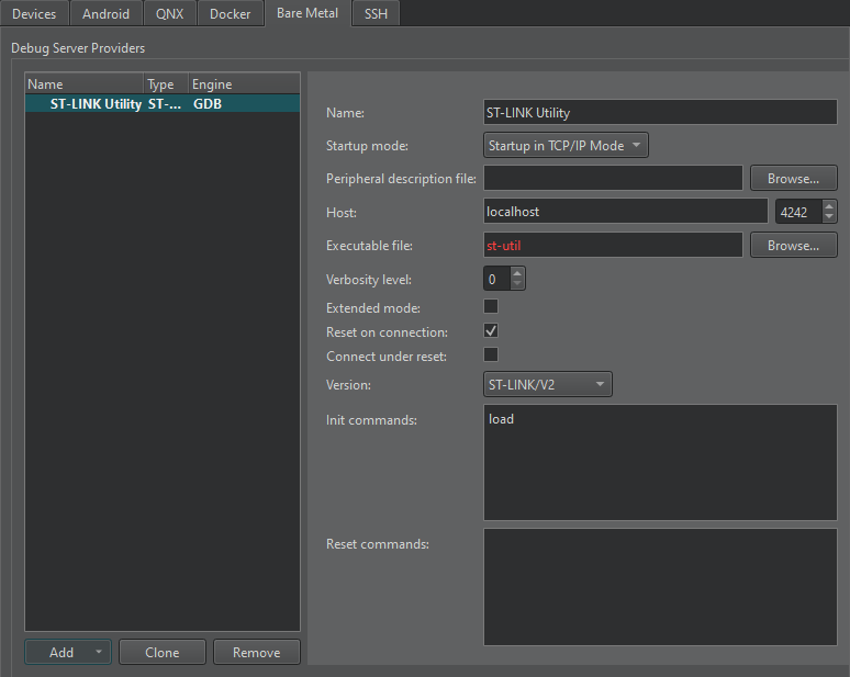 St-Link in the Bare Metal tab in Devices preferences