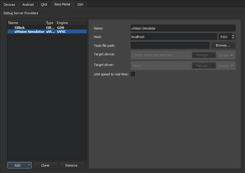 uVision Simulator in the Bare Metal tab in Devices preferences