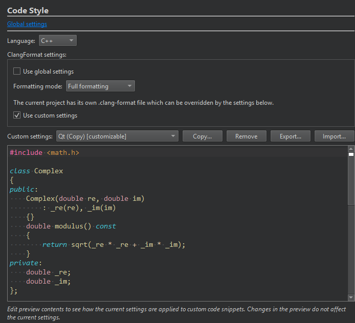 Code Style settings in the Projects mode