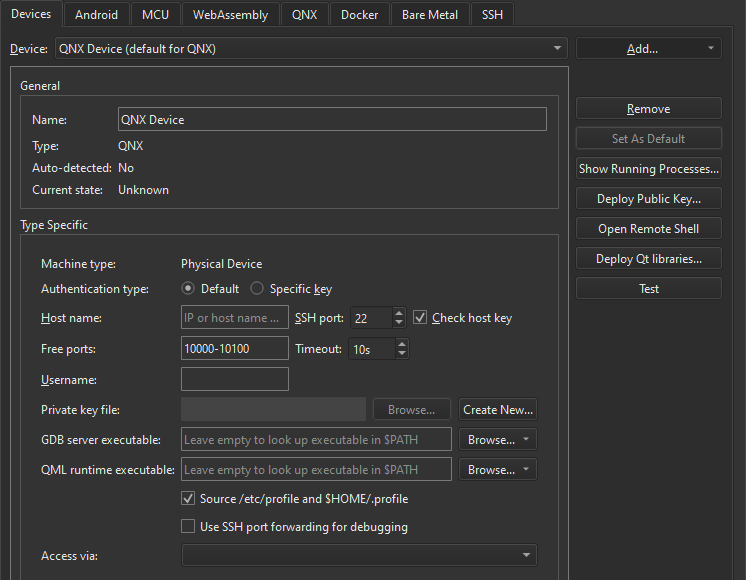 QNX device in the Devices tab in Devices preferences