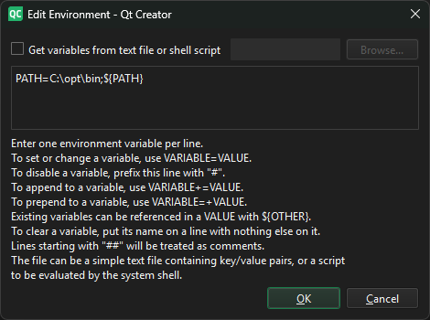 Edit Environment dialog