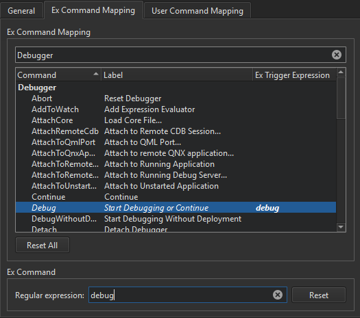 Ex Command Mapping tab in FakeVim preferences