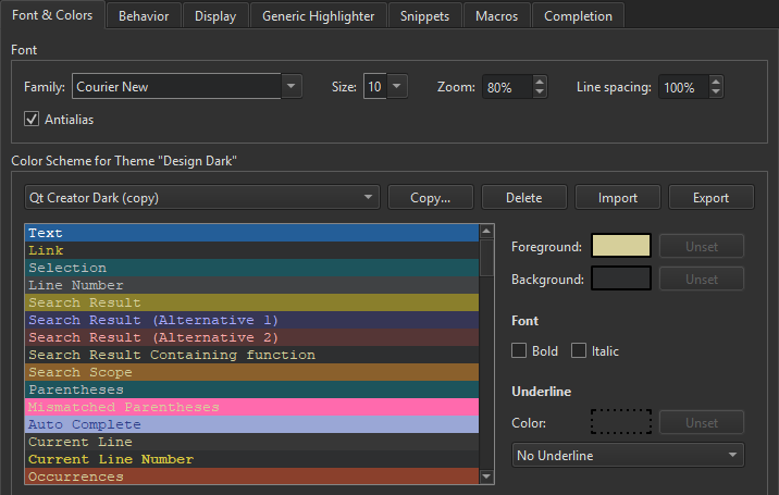 Font & Colors tab in Text Editor preferences