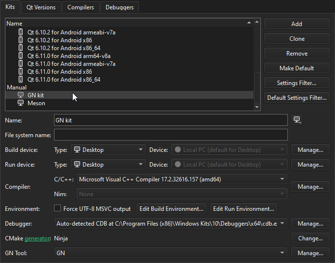 Setting the GN executable in the Kits tab in Kits preferences