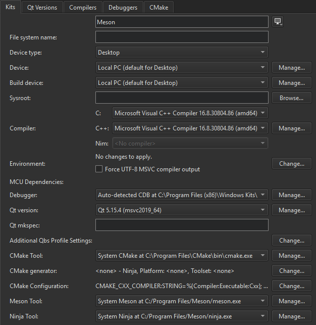 Setting the Meson executable in the Kits tab in Kits preferences
