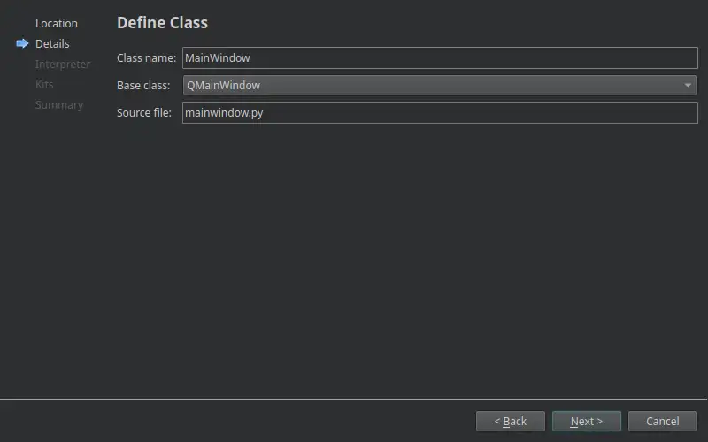 Define Class dialog