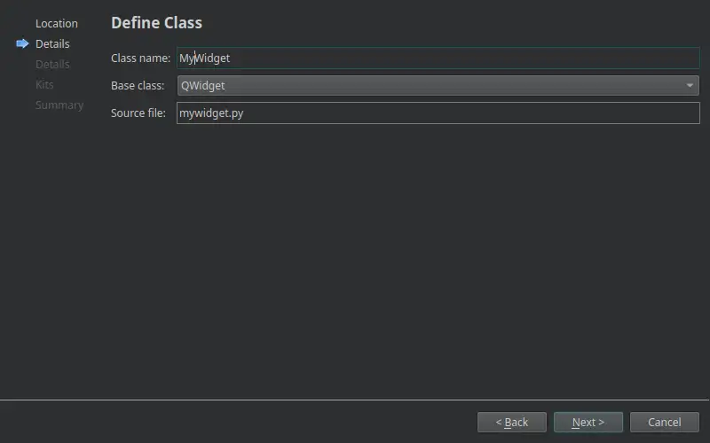 Define Class dialog