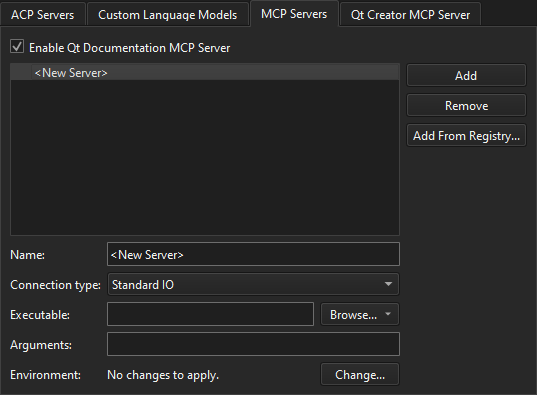 MCP Servers tab in the AI Preferences