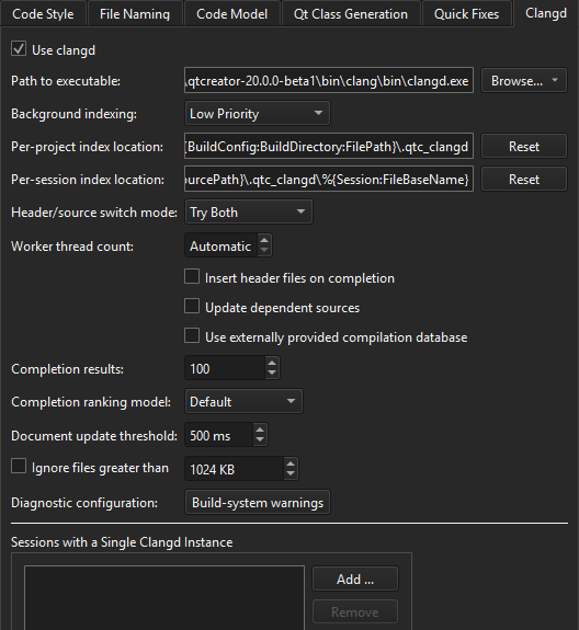 Clangd tab in C++ preferences
