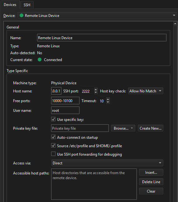 Remote Linux device in the Devices tab in Devices preferences
