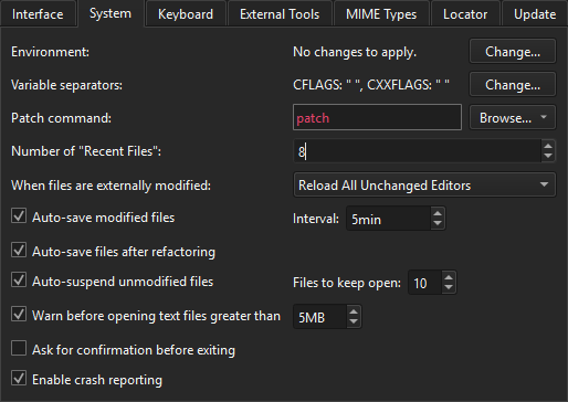 System tab in Environment preferences