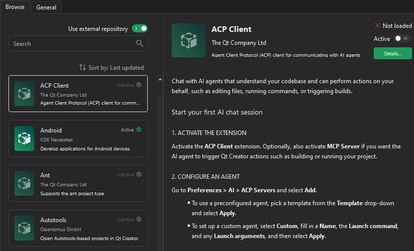 Browse tab in Extensions preferences