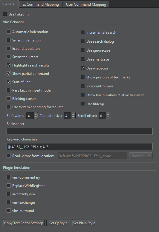 General tab in FakeVim preferences