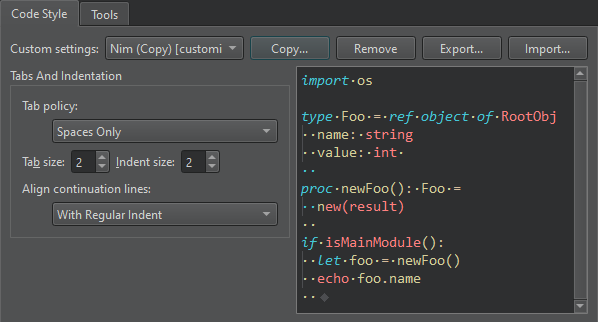 Code Style tab in Nim preferences