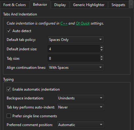 Indentation in the Behavior tab in Text Editor preferences