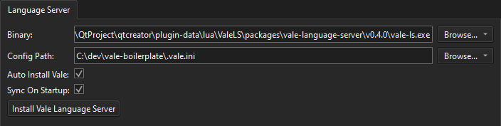 Language Server tab in Vale preferences