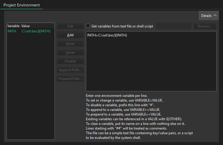 Project Environment settings in Project Settings