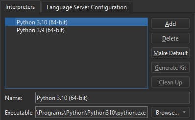Interpreters tab in Python preferences