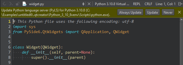 Message about updating Python Language Server