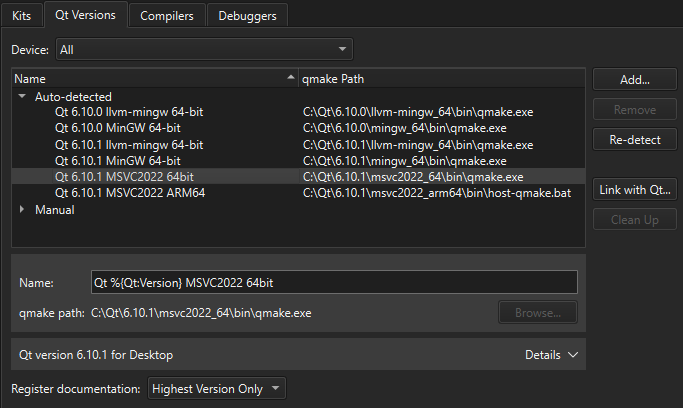 Register documentation in the Qt Versions tab in Kits preferences