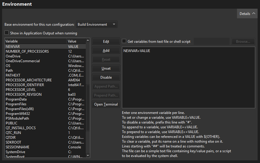 Environment section in Run Settings
