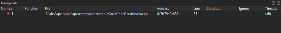 Viewing breakpoint details in the Breakpoints view