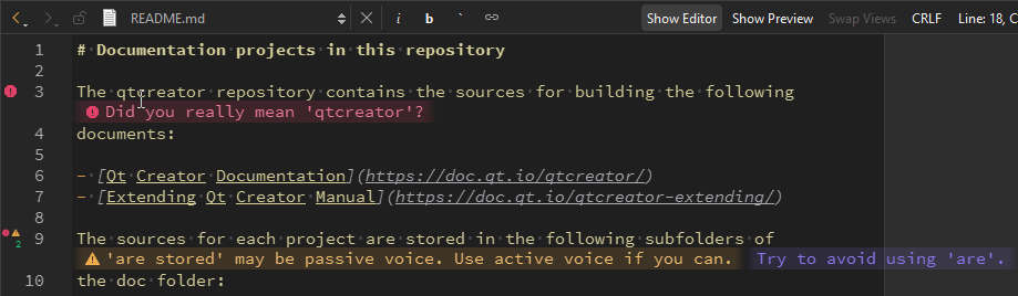 Vale suggestions in the editor