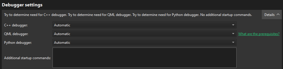 Debugger settings section in Run Settings