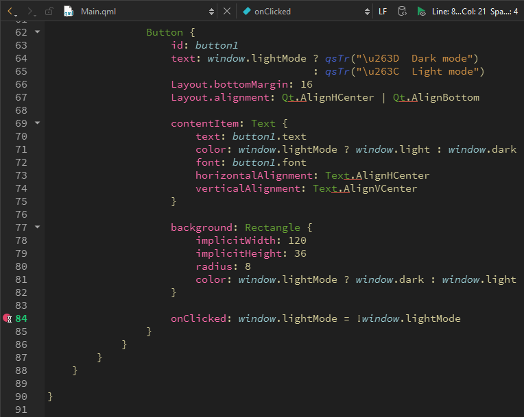 Breakpoint in the code editor