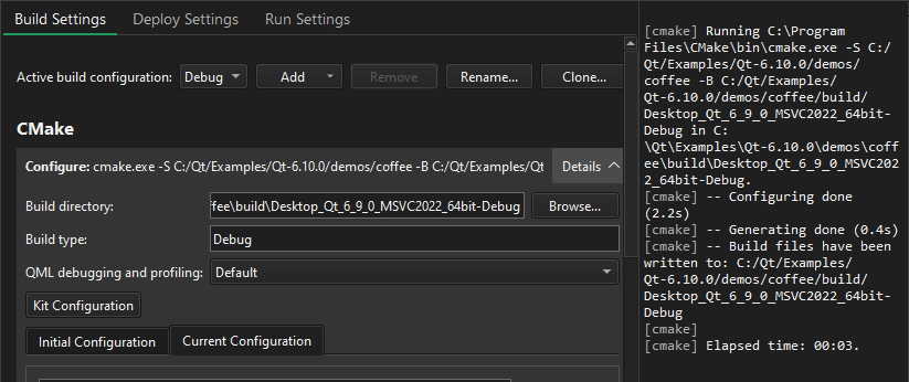 {CMake output in the Projects mode}