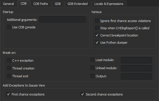 {CDB tab in Debugger preferences}